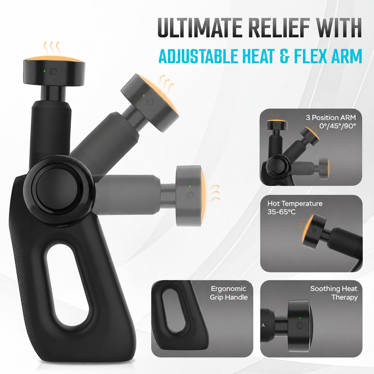 Reckx 180° massage gun adjustable heat and flex arm, 3 positions