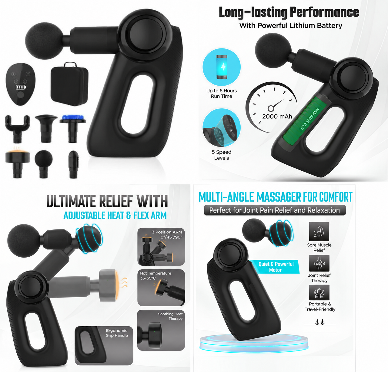 Reckx 180° massage gun feature overview: attachments, battery, comfort