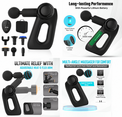Reckx 180° massage gun feature overview: attachments, battery, comfort