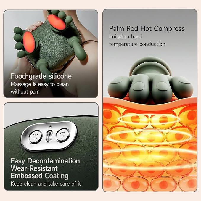 Reckx Neck and Shoulder Massager features: palm hot compress, food-grade silicone